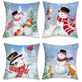Bonhause Christmas Winter Snowman Throw Pillow Covers 18x18 Inch Snowy Forest Pine Tree Winter Holiday Decorative Pillows for Couch Sofa Bed Xmas Home Decor Set of 4