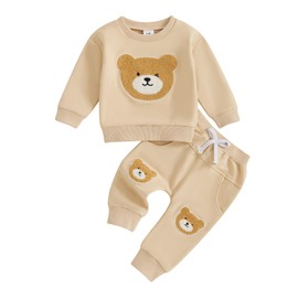 Toddler Baby Boy Girl Fall Winter Outfits Long Sleeve Animal Pattern Embroidery Sweatshirt Pullover Shirts with Elastic Waist Sweatpants Sets 2Pcs Clothes for Little Boys (Apricot, 18-24 Months)