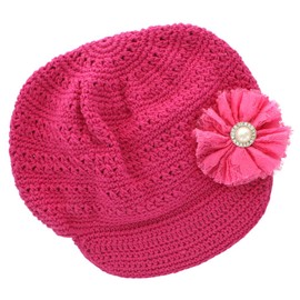 My Lello Infant Baby Girl's Newsboy Crochet Beanie Hat with Vintage Lace/Tulle Flower Hot Pink/Hot Pink