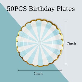 DHAIQC 50 Pcs Blue Party Paper Plates 7-Inch, Disposable Paper Plates with Gold Foil Scalloped Edge, Birthday Party Tableware for Picnic, Happy Birthday, Wedding, Party Supplies (Blue)
