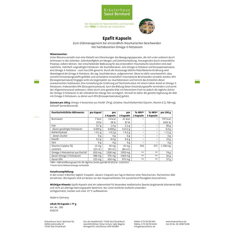 Sanct Bernhard Omega-3 Epafit Capsules with Fish Oil Concentrate 210