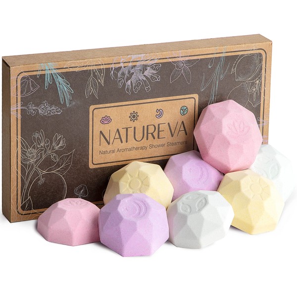 Natureva Organic Shower Steamers Aromatherapy - 8 XL Natural Shower Bombs, Essential Oil Shower Steamer Gift Set, Relaxation Gifts Women, Shower Melts Tabs, Stress Relief Scents, Unique Self Care Box