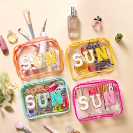 Kacctyen 12 Pcs Clear Toiletry Bags Bulk Preppy Cosmetic Pouch Chenille Letter Patch Makeup Bags Waterproof PVC Sunscreen Zippered Organizer for Women Girl Summer Beach Travel Vacation Gift(Sun)