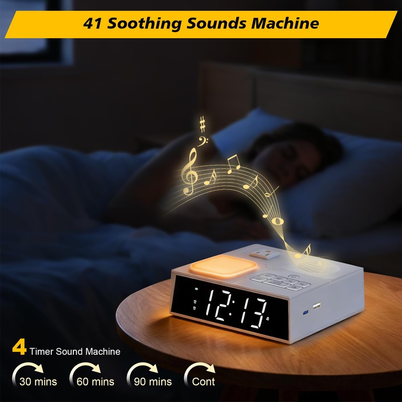 Kungfuking Alarm Clock Power Strip with White Noise, Dual Alarms,
