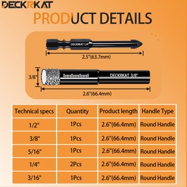 DECKRKAT 7-Piece Dry Diamond Drill Bits & Carbide Tile Drill Bit Set for Tile,Ceramic,Marble,Porcelain,Glass & Granite- 3/16", 1/4" (x2), 5/16", 3/8", 1/2" + 1/4" Masonry Bit