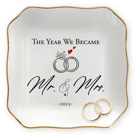 OASSIE Wedding Gifts for Couple - Mr & Mrs 4"x4" Ceramic Jewelry Dish Tray - Bridal Shower Gifts for Women, Marriage Gift Ideas, Anniversary Engagement Gifts for Couples, Jewelry Holder Dish