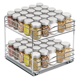 2 Tier Pull-Out Cabinet Spice Rack Organizer - Slim Slide-Out Storage for Spices, Bottles & Jars, Premium Heavy-Duty Steel, Easy Install for Narrow Kitchen Cabinets -10-1/2"Wx10-3/8"Dx8-7/8" H, Chrome