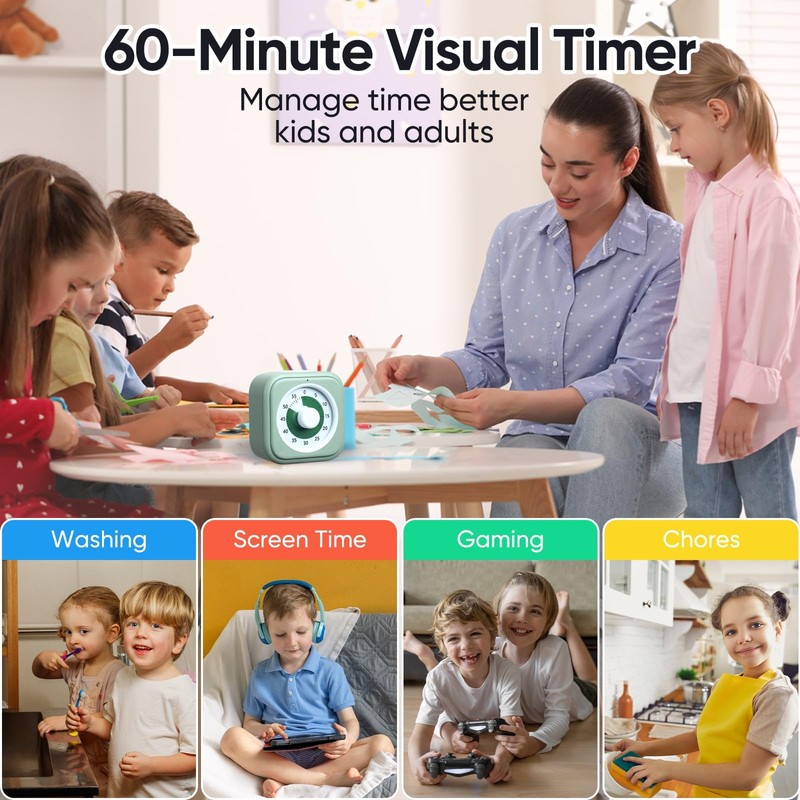 60 Minute Visual Timer for Kids, Silent Countdown Clock, Time