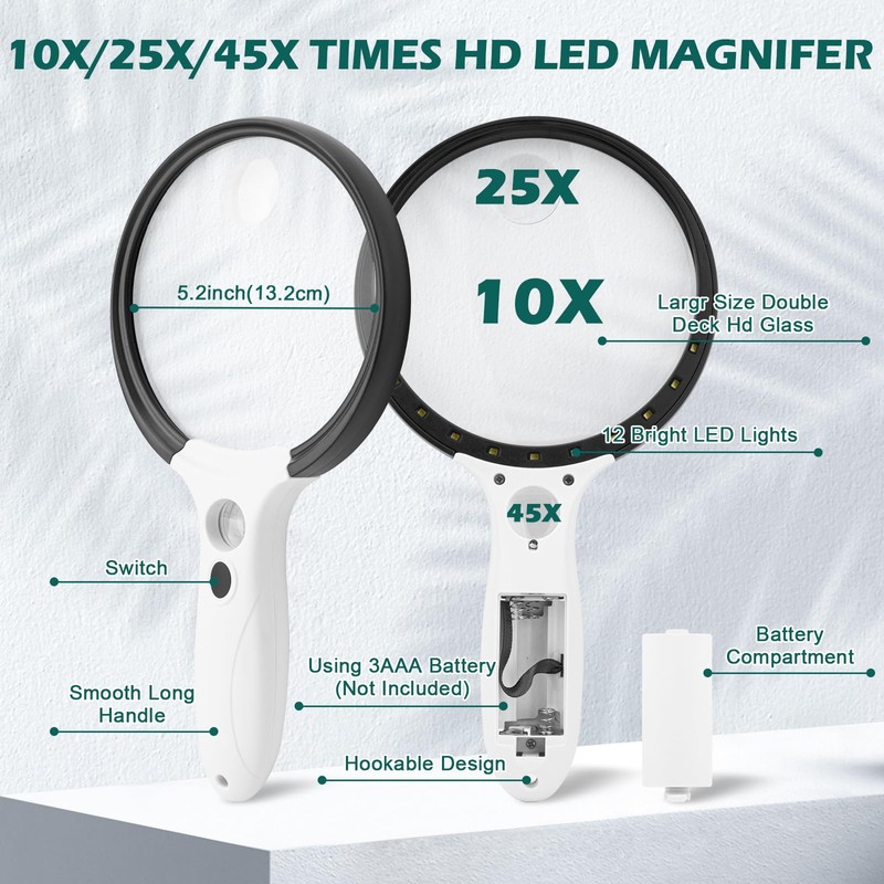Large Magnifying Glass with Light, 10X 25X 45X Handheld Illuminated