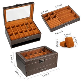 Voova Jewelry Box Watch Boxes Organizer for Men Women,2 Layer Large 12 Slot PU Leather Watch Storage Case,Glass Top Jewelry Display Holder for Watches Sunglasses Rings Necklaces Bracelets,Coffee+Brown