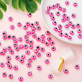 200 abalorio redondas planas de resina con mal de ojo de 8 mm con cuerda elástica para pulseras, collares, joyas y manualidades (rosa intenso)