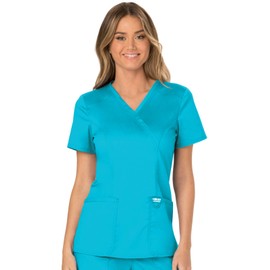 Cherokee Scrubs for Women Mock Wrap Top with 3 Pocket, Back Princess Seams WW610, XL, Turquoise
