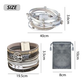 NyxSeat 2 Women Silver Bracelets, 1 Dark Grey Storage Bag, Bead Bracelet, Stacking Bracelet, Layer Bracelet, Boho Bracelet, Magnetic Bracelet, Fashion Jewellery, Leather Bracelet, Leather