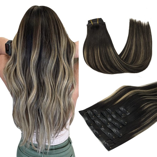 MAXITA PU Clip-In Real Hair Extensions, 40 cm / 16 Inches, 110 g, 7 Pieces, Natural Black to Light Blonde, Seamless Clip-In Extensions, Natural Hair Extensions, Clip-In Extensions, Seamless
