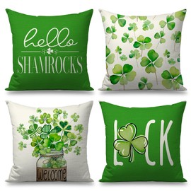 FUYUCHEN St Patricks Day Pillow Covers 18x18 Set of 4 Luck Shamrocks Clovers Mason Jar Green Throw Pillows Decorative Cushion Cases for Home Sofa Couch Farmhouse Holiday St Patricks Day Decorations