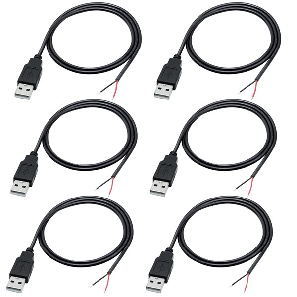 Greluma 6pcs 22AWG USB Pigtail 2 Core USB 2.0 Cable 2 Pin Bare Wire Open End 1M USB Male Cable 12V 3A USB Male Power Cable Black Color