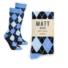 No Cold Feet Fun Colorful Socks for Men for Dress Casual Formal Groomsmen Wedding, Custom Label, Blue and Black Argyle