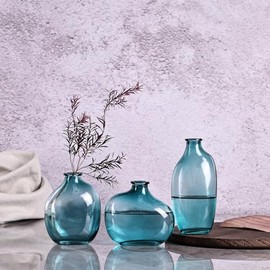 Juego de 3 jarrones de vidrio verde, florero pequeño decorativo moderno para mesa del hogar, centro de mesa, boda, fiesta, oficina, cocina, estantería, decoración a granel
