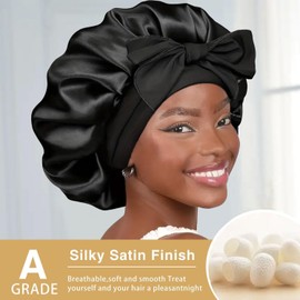 FOLAI Satin Bonnet,Silk Sleep Bonnets for Women, Adjustable Satin Night Sleeping Cap Soft Elastic Band Silk Bonnets for Sleeping, Hair Bonnet with Tie Band for Curly Hair Braid Women Black