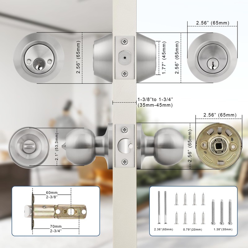 Knobonly Entry Door Knobs and Double Cylinder Deadbolt, Keyed Alike