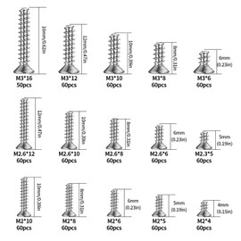 M2 M2.6 M3 Self Tapping Screws, 890 Pcs Assorted Wood Screws for Wood Screws Assortment Set, Cross Flat Head Screws, Wood Screws Countersunk Head Screws for Furniture Masonry Decking Screws