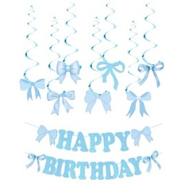 Bow Birthday Decorations Set for Women : Happy Birthday Banner and Hanging Swirls for Wall and Window Decor 8Pcs