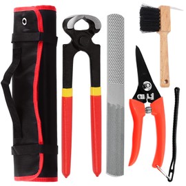 Swpeet 5Pcs Professional Farrier Tools Value Supplies Kit with Roll Pack, Mini 8 Inch Rasp Hoof File, 8 Inch Hoof Nipper, Horseshoe Brush, Horses Hoof Trimmers Shears Tools, Hoof Cutter for Horse