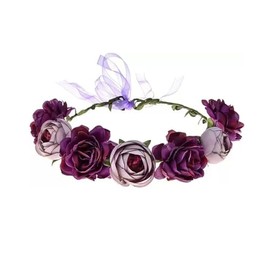 Lofruiin Women's Bohemian Simulated Rose Flower Wreath Adjustable Rose Flower Headband Seaside Party Floral Headpiece (B- Purple)