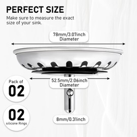 EASONGEE 2PCS Kitchen Sink Strainer Plug, Stainless Steel Sink Plugs Replacement, Kitchen Sink Strainer Waste Plug for Food Waste Catcher, Hole Diameter: 78mm