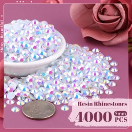 4000PCS 5mm Resin Jelly Rhinestones in Bulk (White AB), Bedazzling Flatback Crystals Rhinestones for Crafting DIY Nail Decoration, Gems Diomand Charms for Tumbler Shoes Clothing Fabric