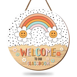 FYSUIMU Boho Rainbow Classroom Welcome Door Sign Back to School Wooden Hanging Sign Groovy Welcome to Our Classroom Door Decor for Indoor Outdoor Porch Wall