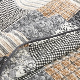 DDUOXIN Plaid Quilt Set King - 100% Cotton Farmhouse King Quilt with 2 Pillow Shams, Lightweight Comforter Bedspread Soft 3 Piece Bedding Set for All Seasons, Brown/Gray/Light Gray, King