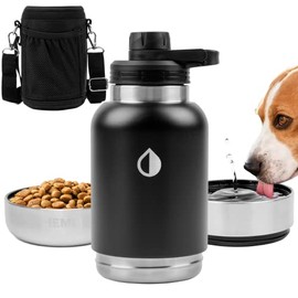 HEMLI 32 oz. Dog Water Bottle, Insulated Dog Travel Water Bottle, Stainless Steel Pet Water Bottle Dispenser Portable Food and Water Bowl for Dogs with Carrying Case for Walking Dog Canteen Travel Kit