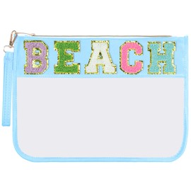 Burskit Chenille Letter Clear Zipper Pouch for Travel Preppy Patch Makeup Bag-Nylon Cosmetic Preppy Makeup Waterproof Organizer Bag Set for Women Valentines Bag (BL-BEACH)