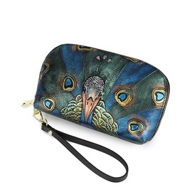 ArtsEye Embossed Genuine Leather Clutch Purse Women's Handbag with Wristlet Strap, Black