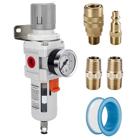 NANPU 3/8" NPT Compressed Air Filter Regulator Combo Piggyback, Semi-Auto Drain, 5 Micron Brass Element, Poly Bowl, Metal Bracket, 0-150 psi Gauge