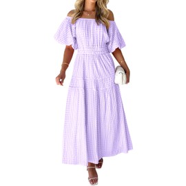MASCOMODA Spring Dresses for Women 2024 Off Shoulder Short Puff Sleeve Maxi Dress Flowy A Line Smocked Ruffle Midi Dresses(Purple,Medium)