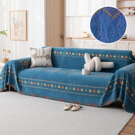 Awjcsv Water Resistant Boho Couch Cover, Soft Chenille Couch Cover for Dogs Washable, Couch Covers for 3 Cushion Couch Sofa Pet Friendly, Thick, Dirt Resistant (Blue and Orange, 71" x 134")