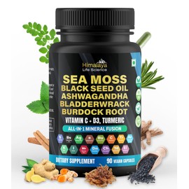 Himalaya Life Science Sea Moss Black Seed Oil Bladderwrack Burdock Capsules. Ashwagandha, Turmeric, Vitamin C, Vitamin D3 with Elderberry Manuka Dandelion Yellow Dock Iodine- 90 Count, All-in-1