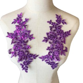 Heyiwell Purple Sequin Embroidered Applique Flower Patches for Sew on Bridal Wedding Ballet Dress Lace Decor 1 Pair, 11"x3.93" Inch