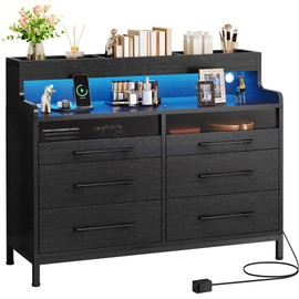 YITAHOME 6 Drawer Dressers with LED Lights, Wood Dressers Chests of Drawers, Modern Dresser with Open Shelf Storage for Room, Entryway, Hallway, Black