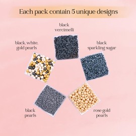 Sprinkles - Confect Sprinkles for Cakes & Cupcakes Decoration Assorted pack of 5 Masquerade Theme Mix Champagne Gold & Black Pearl Dragees Black Jimmies Sparkling Black Sugar - 3.5 Oz