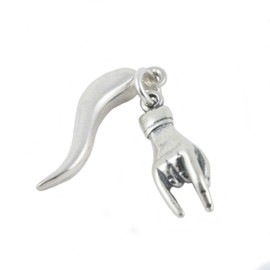 Italian Good Luck Hand Mano Cornuto and Cornicello Corno Horn 3D 925 Solid Sterling Silver Bracelet Charm Pendant Jewelry Making Supply