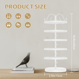 LASZOLA 5 Tier White Earring Holder Organizer Tree Women Display Storage for Stud and Hoop, Large Cool Rotating Clip Stand for Pierced and Dangle Earring, Vertical Metal Tower Carousel with 220 Holes