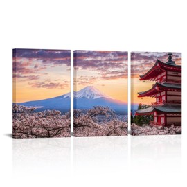OuElegent Mount Fuji Canvas Wall Art Kyoto Cherry Blossom Japanese Landscape Pictures Print Artwork for Home Office Living Room Decor Framed 16"x24"x3 Pcs (medium)