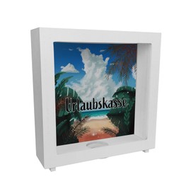 Wooden Wooden Money Box with Summer Beach Motif and Palm Trees - Holiday Fund as a Nice Gift for People Who Like to Go to the Beach on Holiday