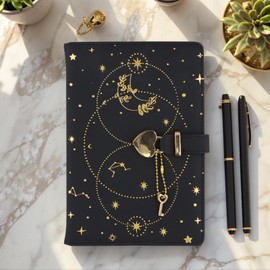 Ziyonix A5 Notebook Heart Padlock Journal, 192 Pages Diary with Lock, A5 Notebook with Pen Set, PU Hardcover Leather, Closed Journal for Boys and Girls, Black