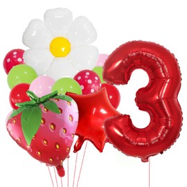 Strawberry Balloons Number 3 Balloons Polka-dot Latex Balloons for Girl Fruit 3rd Birthday Party Decoration Supplie,Berry 3rd Party Decor,White Daisy Latex Mylar Red Number 3 Balloons Decor for Girls