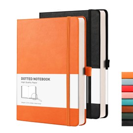 RETTACY A5 Dotted Notebook 2 Pack - Bullet Dot Grid Journal with 320 Numbered Pages Hardcover 120gsm Thick Paper, 8 Perforated Sheets, Pen Holder, Inner Pocket 14.5 x 21cm - Black Orange