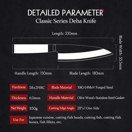 HEZHEN 7" Deba Knife, Japanese Style Forging Steel Fish Salmon Fillet Knife, Stainless Steel Butcher Knife Olive Wood Handle With Wooden Knife Sheath Scabbard